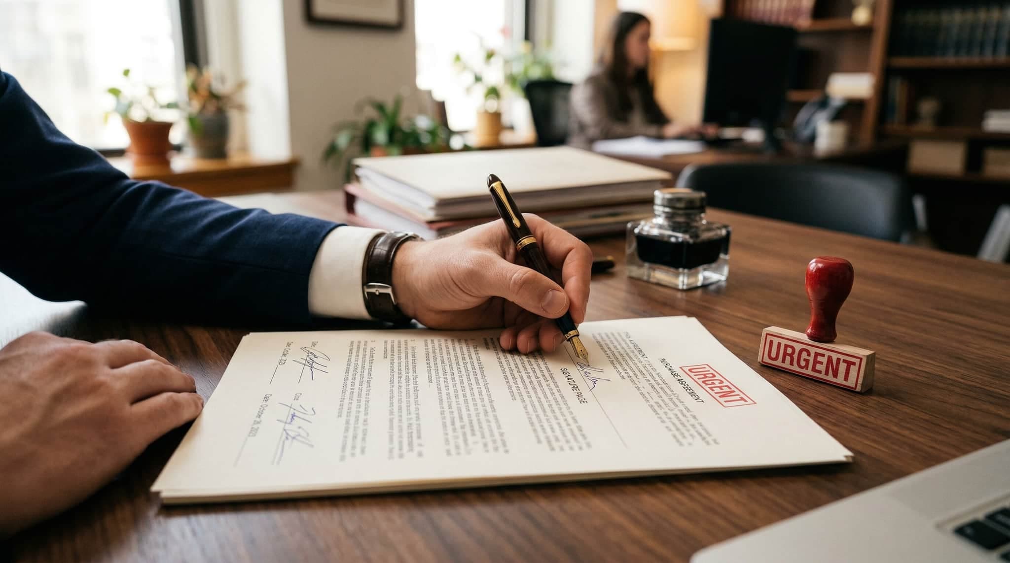 Person unterschreibt ein Dokument mit rotem Stempel „Außerordentlich"