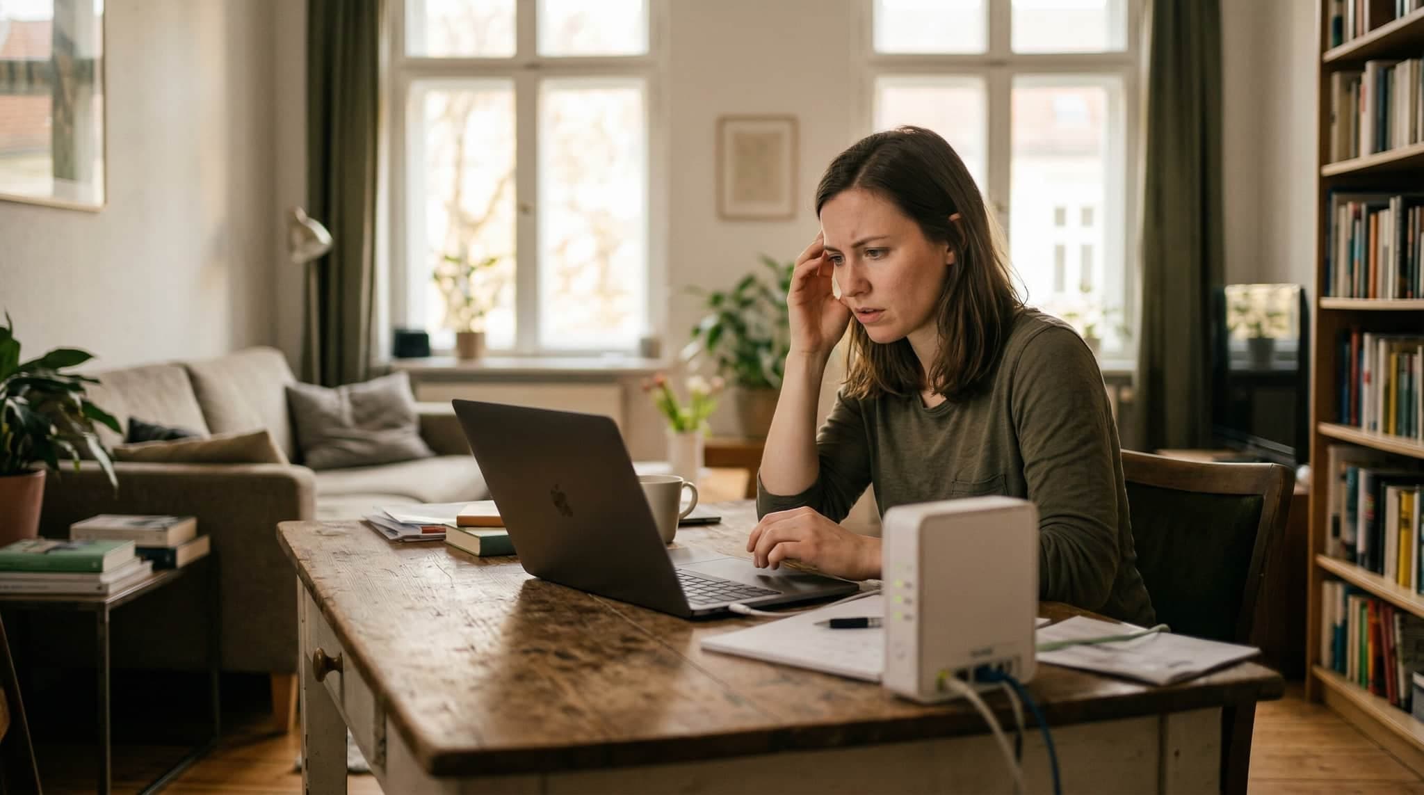 Router mit leuchtenden LEDs auf einem Schreibtisch — Symbol für Internetvertrag