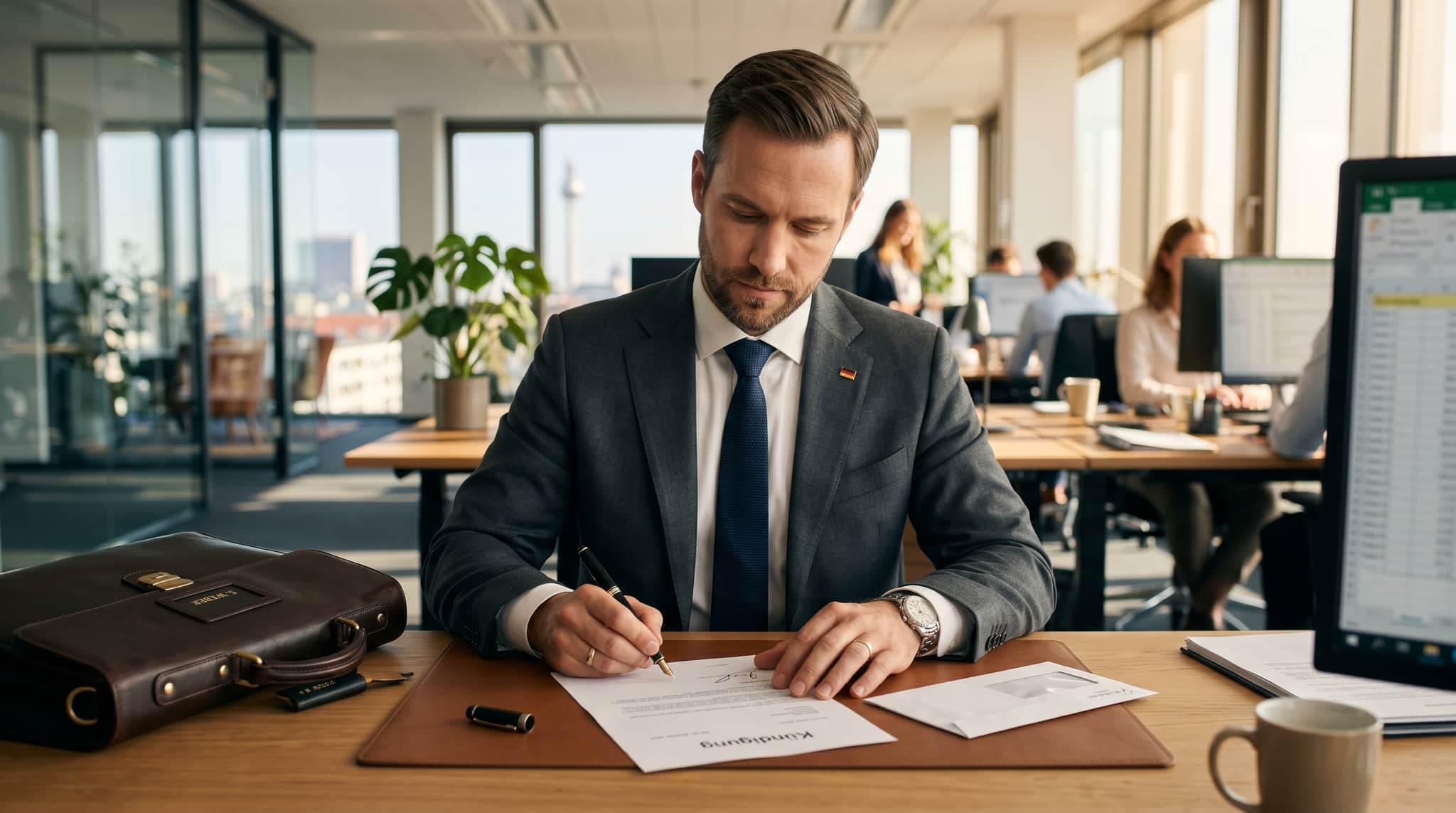 Arbeitnehmer unterschreibt Kündigungsschreiben am Schreibtisch im modernen Büro