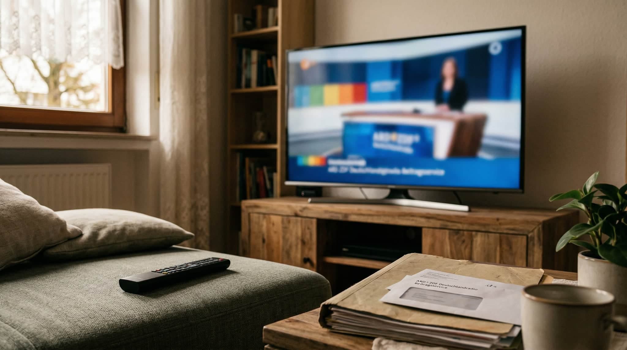 Schreibtisch mit Brief vom Beitragsservice und unterschriebenem Abmeldeformular