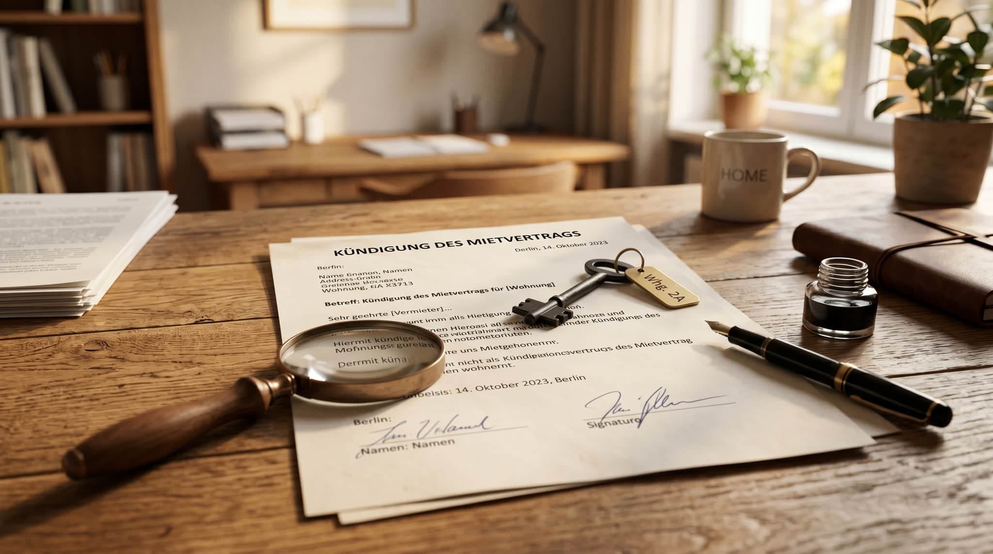 Mietvertrag mit Schlüssel auf Holzschreibtisch, Lupe und Füllfederhalter im warmen Nachmittagslicht