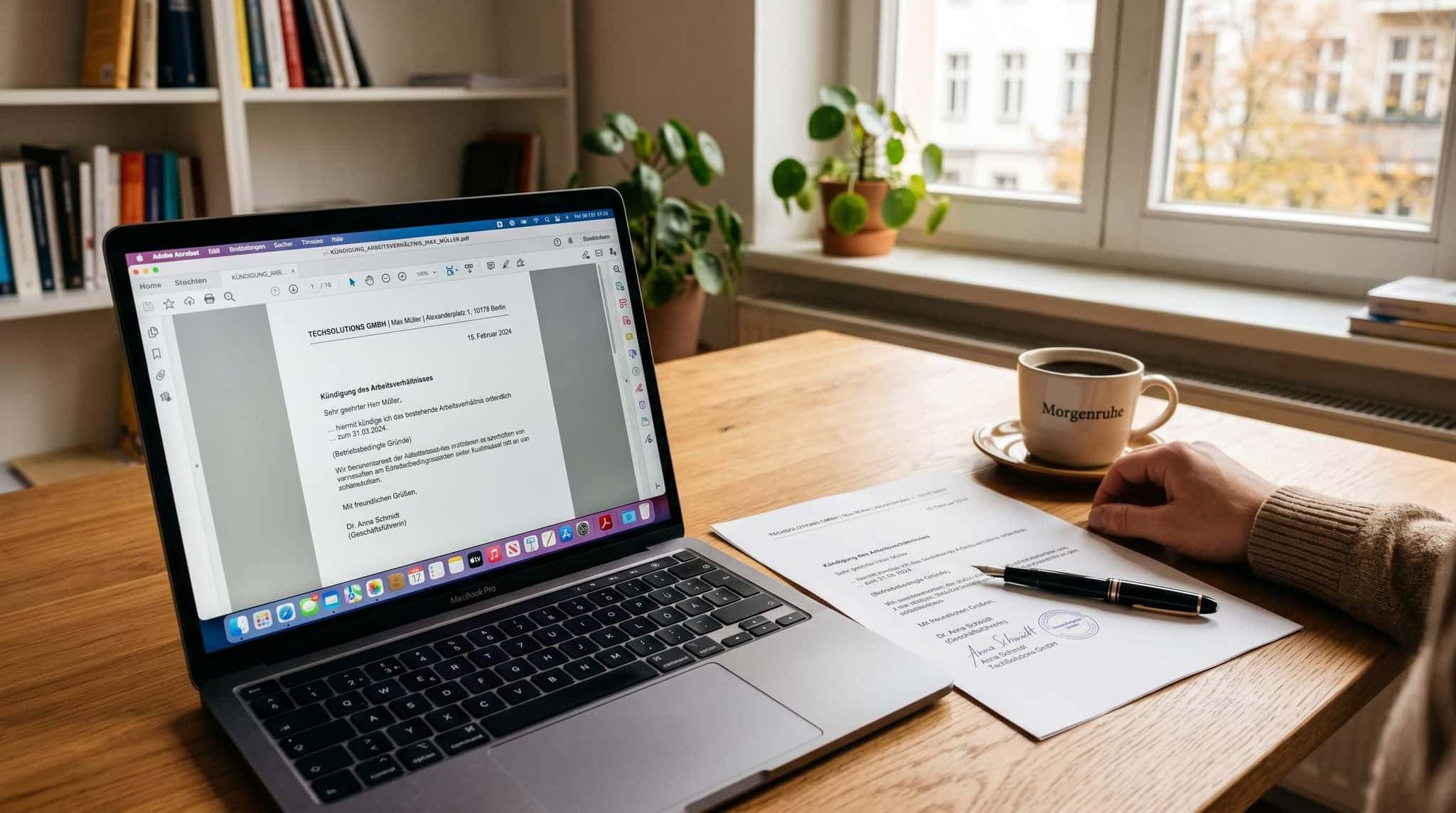PDF-Kündigungsvorlage auf Laptop mit gedruckter Kopie, Stift und Kaffee im Morgenlicht