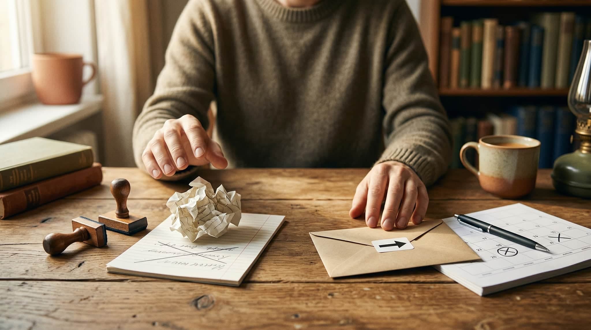Person überlegt zwischen zwei Dokumenten mit den Aufschriften Widerruf und Kündigung