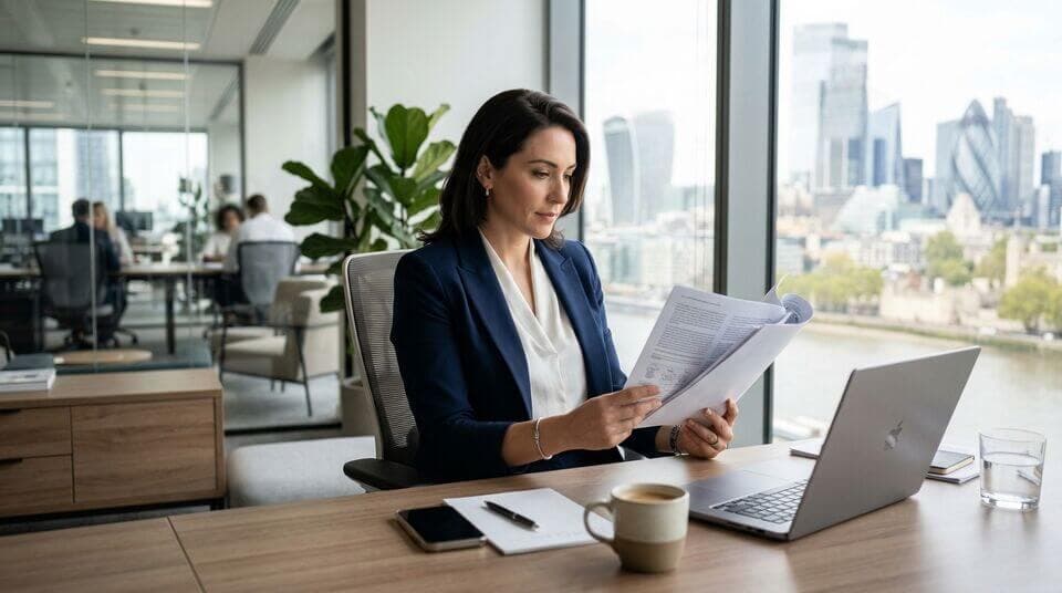 Strukturiertes Dokument mit beschrifteten Abschnitten liegt auf einem Schreibtisch